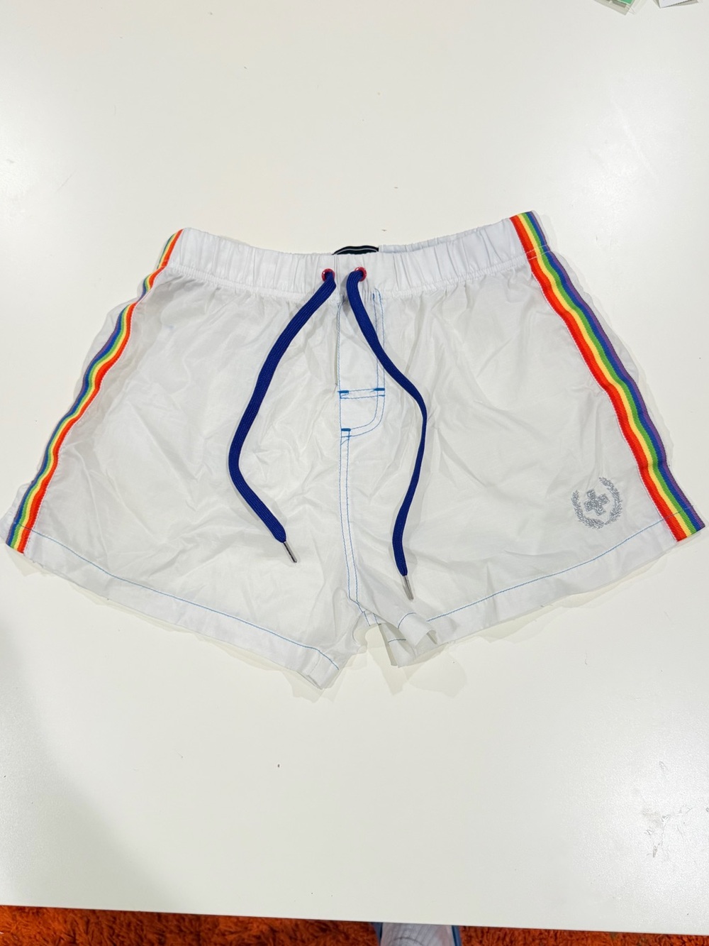 Andrew Christian White Swim Shorts with Blue Drawstring
